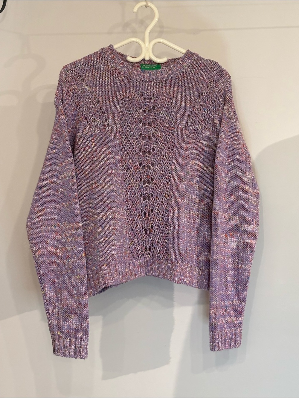 Benetton Purple Multi Colored Lace Knit Crew Neck Sweater Size Large L